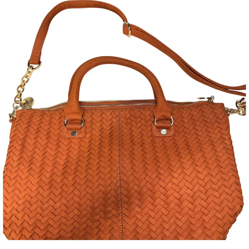 Neiman Marcus Cognac Orange Woven Faux Suede Satchel Crossbody Bag chic earthy